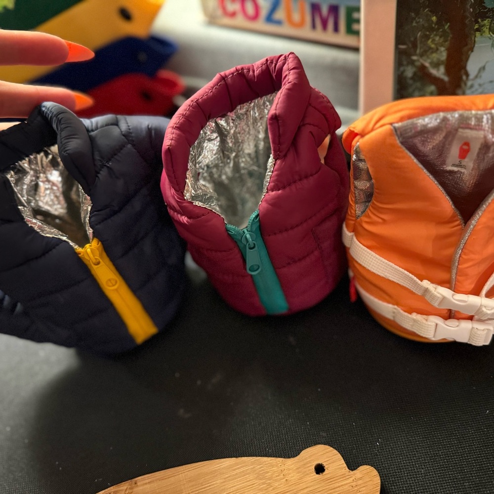 Colorful Insulated can coozies—- set of 3- coat, vest & life jacket-PUFFIN BRAND